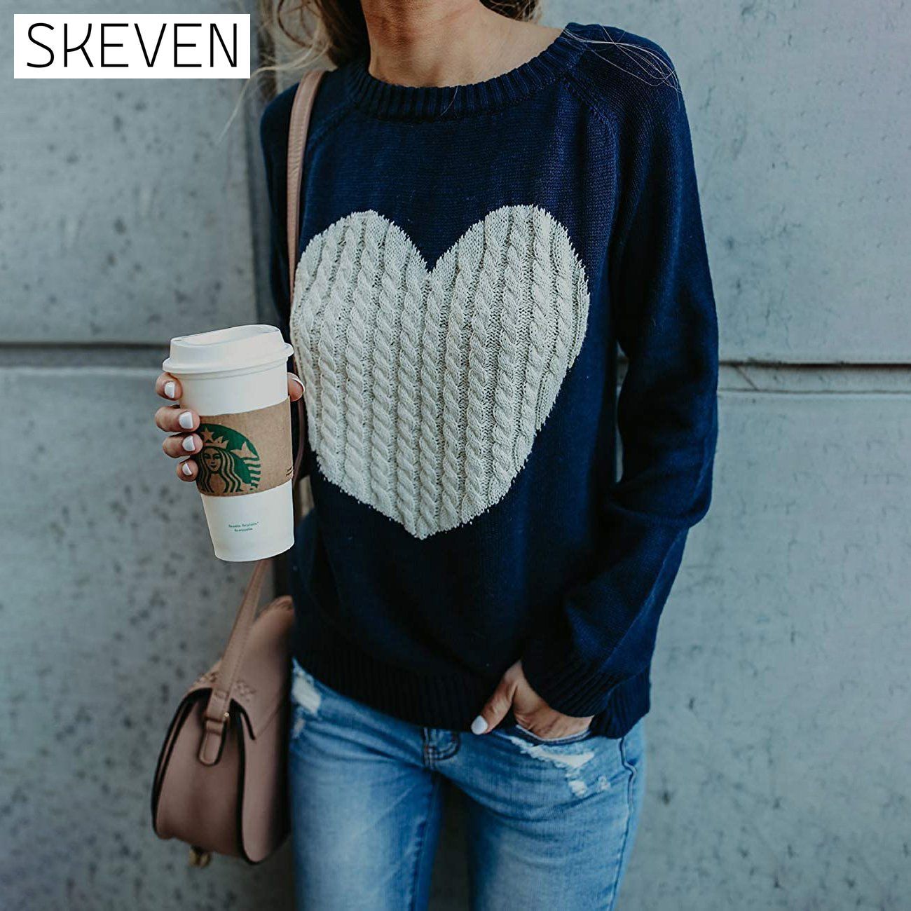 Women's Long Sleeve Crewneck Cute Heart Knitted Sweaters __stock:500 clothes refund_fee:1200 tops