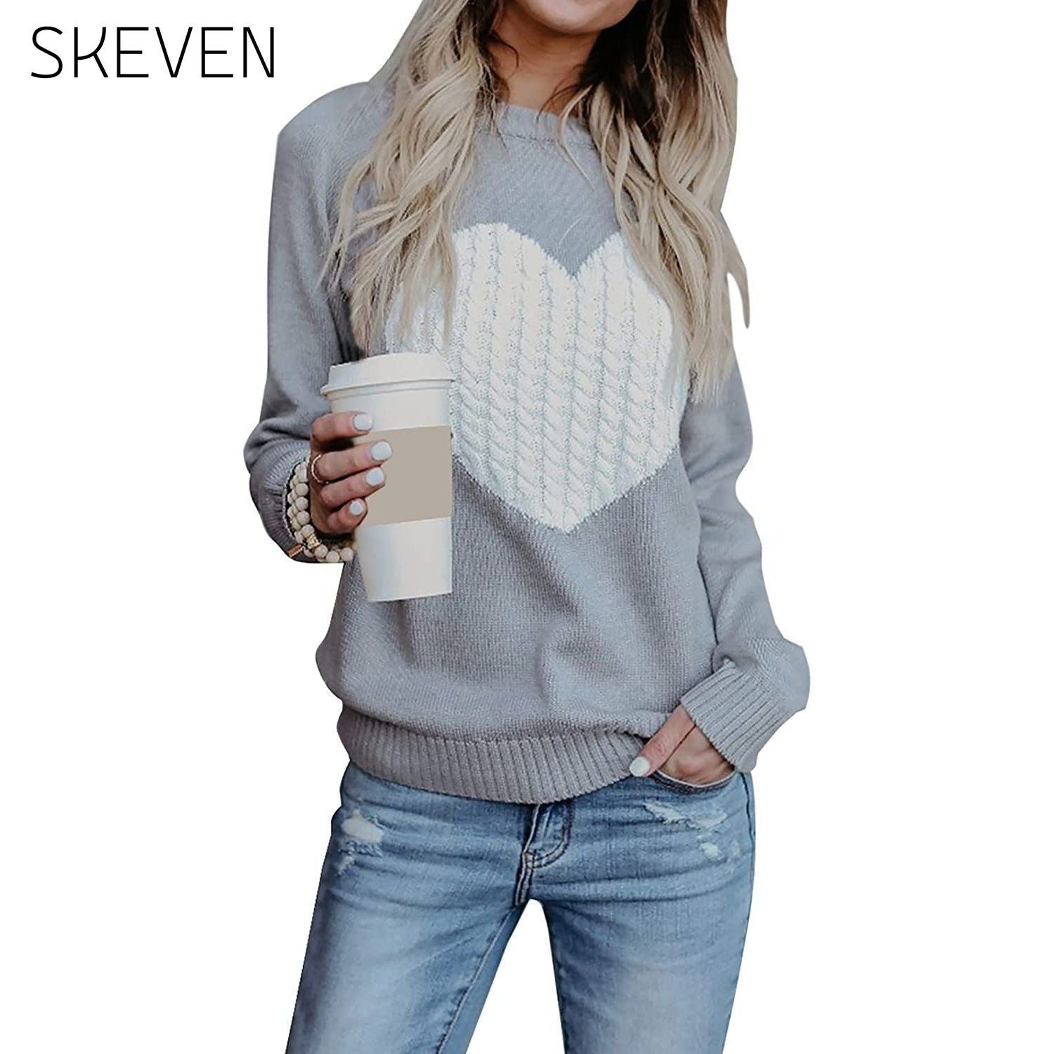 Women's Long Sleeve Crewneck Cute Heart Knitted Sweaters Gray __stock:500 clothes refund_fee:1200 tops