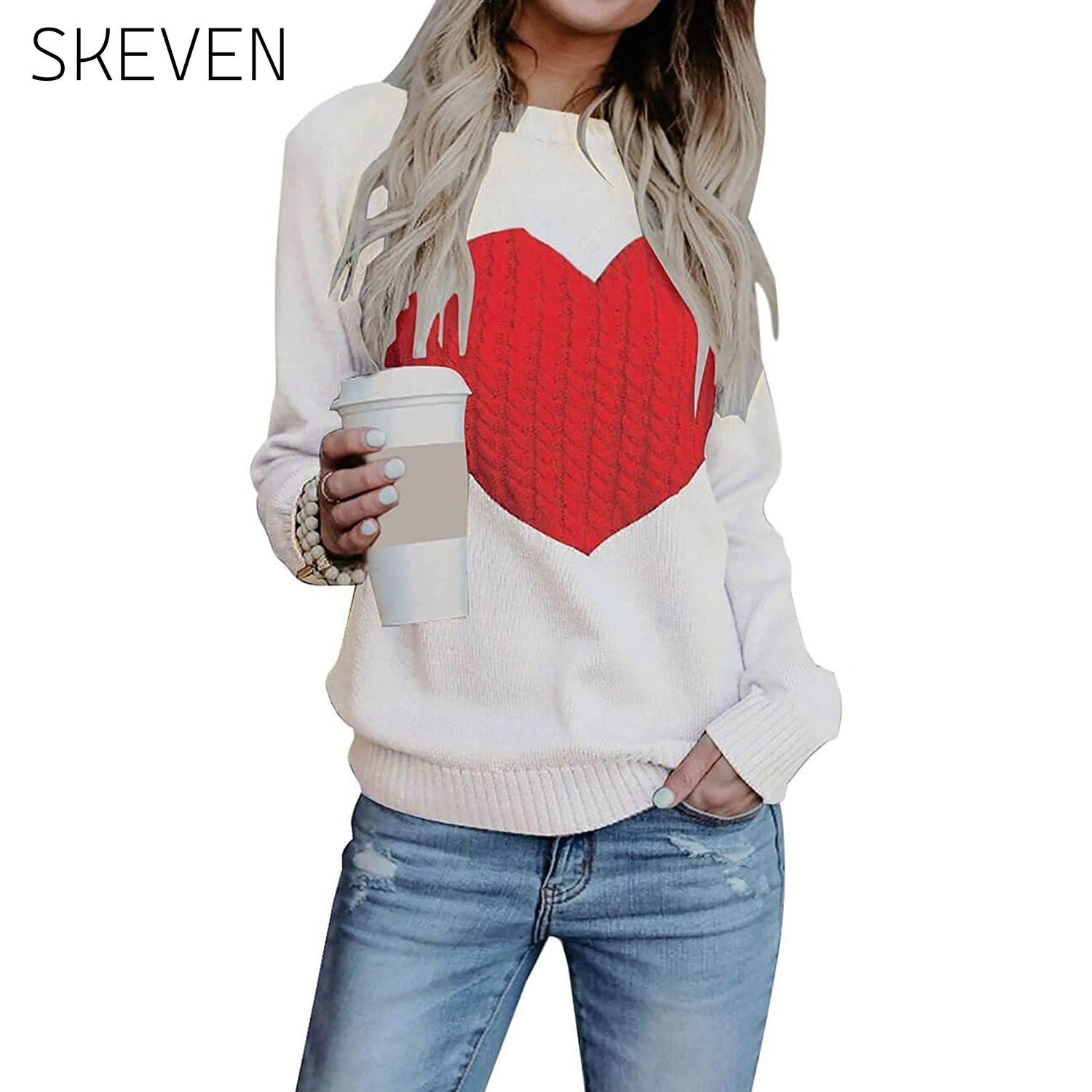Women's Long Sleeve Crewneck Cute Heart Knitted Sweaters White __stock:500 clothes refund_fee:1200 tops