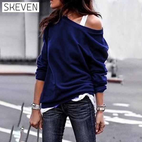 Women's New Fashion Style One Shoulder Soft Long Sleeve Top Blue __stock:50 clothes refund_fee:800 tops