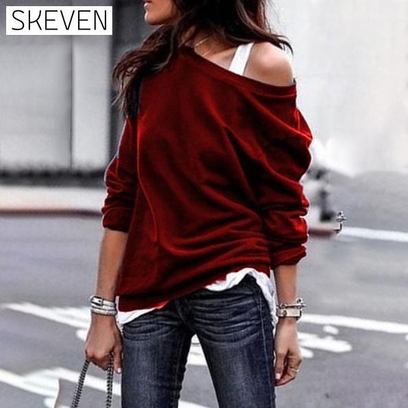 Women's New Fashion Style One Shoulder Soft Long Sleeve Top Wine Red __stock:50 clothes refund_fee:800 tops