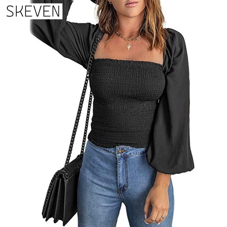 Women's Puff Long Sleeve Square Neck Tops Black __stock:200 clothes refund_fee:1200 tops