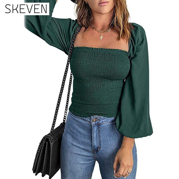 Women's Puff Long Sleeve Square Neck Tops Green __stock:200 clothes refund_fee:1200 tops