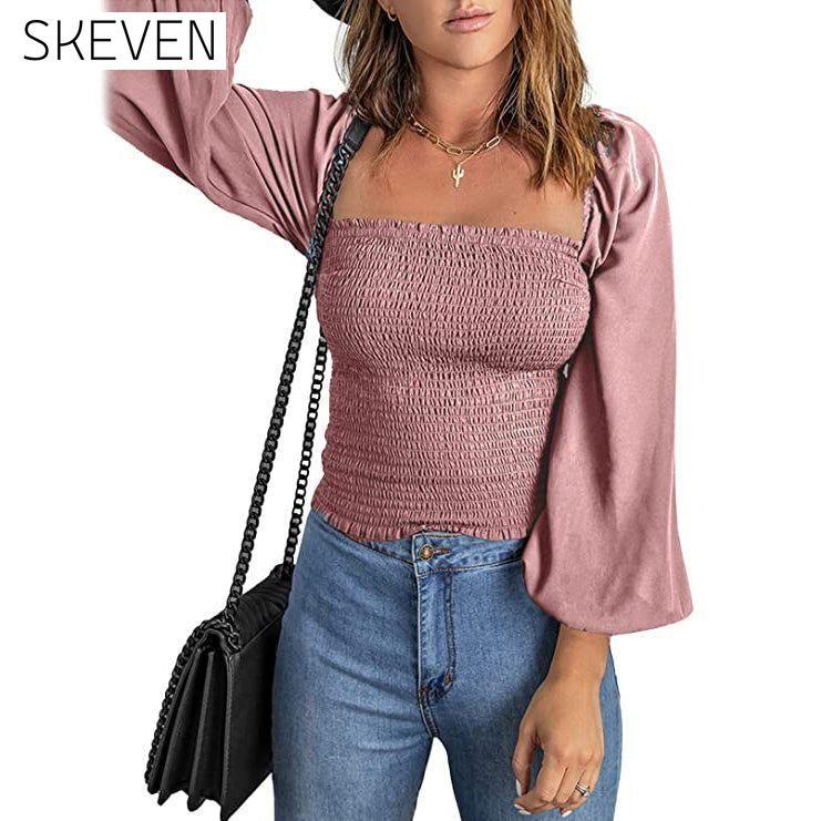Women's Puff Long Sleeve Square Neck Tops Pink __stock:200 clothes refund_fee:1200 tops