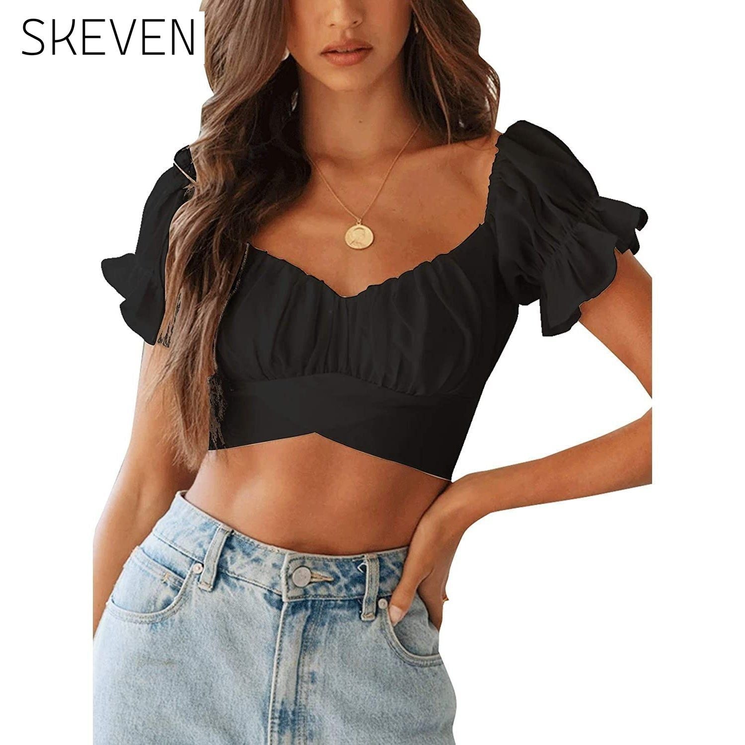 Women's Ruffle Short Sleeve Tie Shirt Black __stock:200 clothes refund_fee:800 tops
