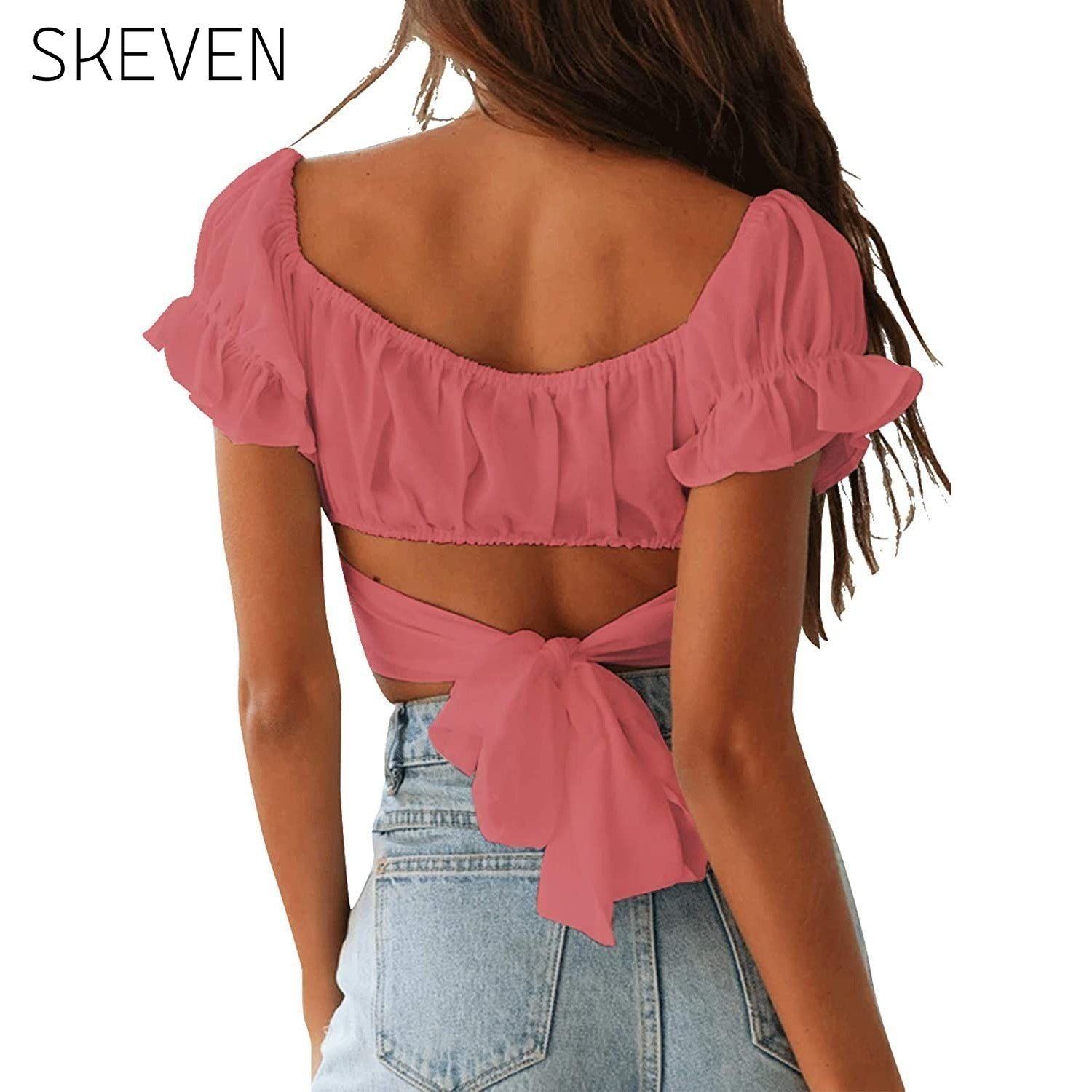 Women's Ruffle Short Sleeve Tie Shirt __stock:200 clothes refund_fee:800 tops