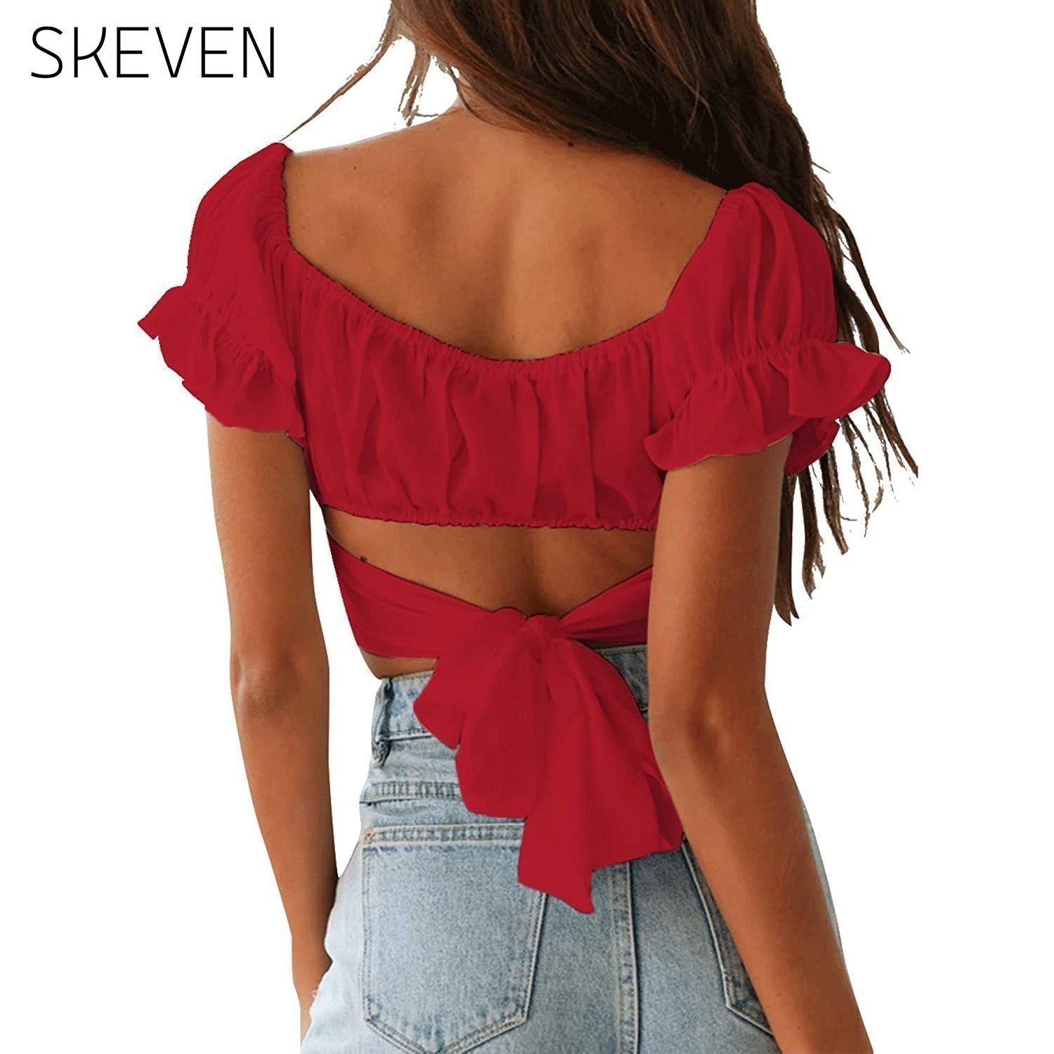 Women's Ruffle Short Sleeve Tie Shirt __stock:200 clothes refund_fee:800 tops