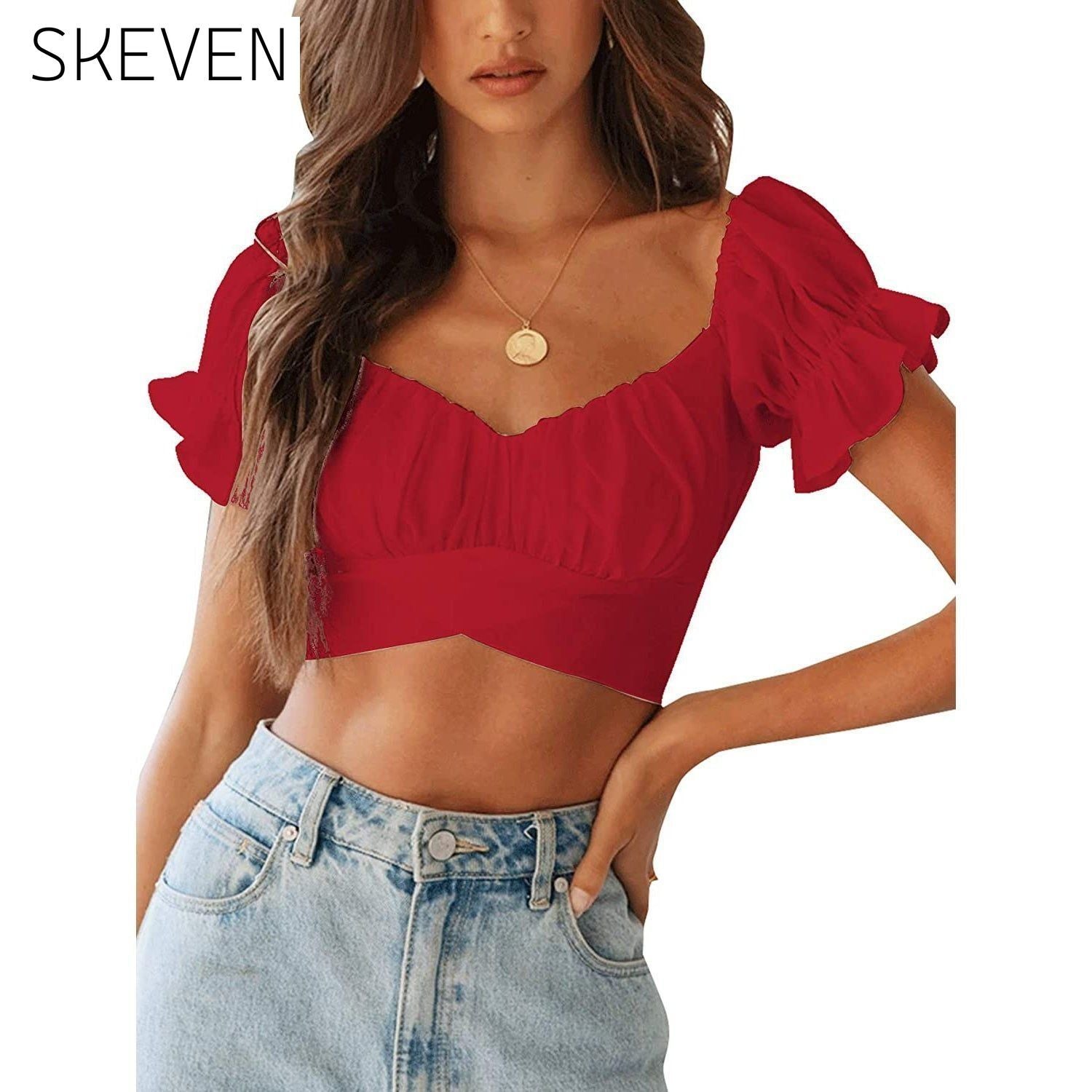 Women's Ruffle Short Sleeve Tie Shirt Red __stock:200 clothes refund_fee:800 tops