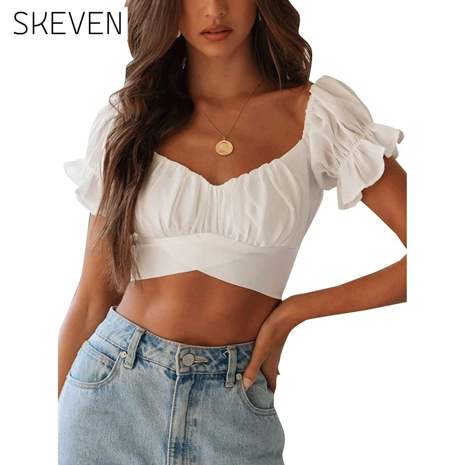 Women's Ruffle Short Sleeve Tie Shirt White __stock:200 clothes refund_fee:800 tops