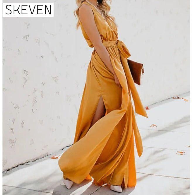 Women's Solid Color Slit Tie Maxi Dress __stock:200 casual dresses clothes dresses refund_fee:1200 show-color-swatches