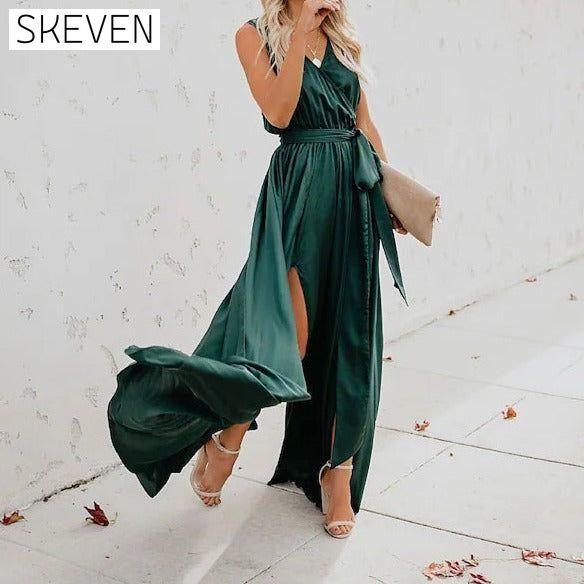 Women's Solid Color Slit Tie Maxi Dress Green __stock:200 casual dresses clothes dresses refund_fee:1200 show-color-swatches