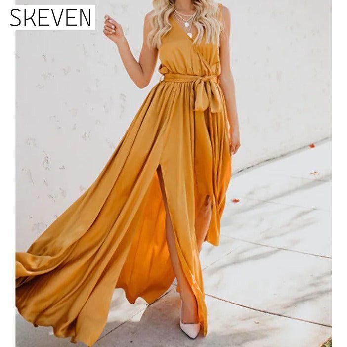 Women's Solid Color Slit Tie Maxi Dress Yellow __stock:200 casual dresses clothes dresses refund_fee:1200 show-color-swatches