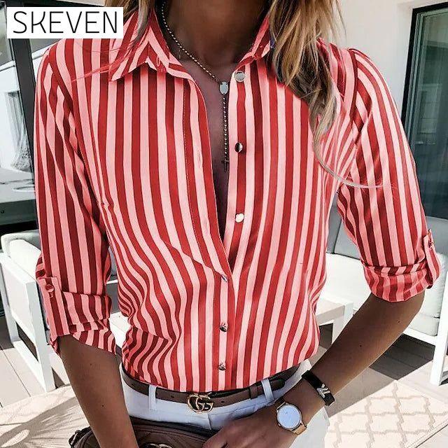 Women's Striped Collar Basic Top Red __stock:200 clothes refund_fee:1200 tops
