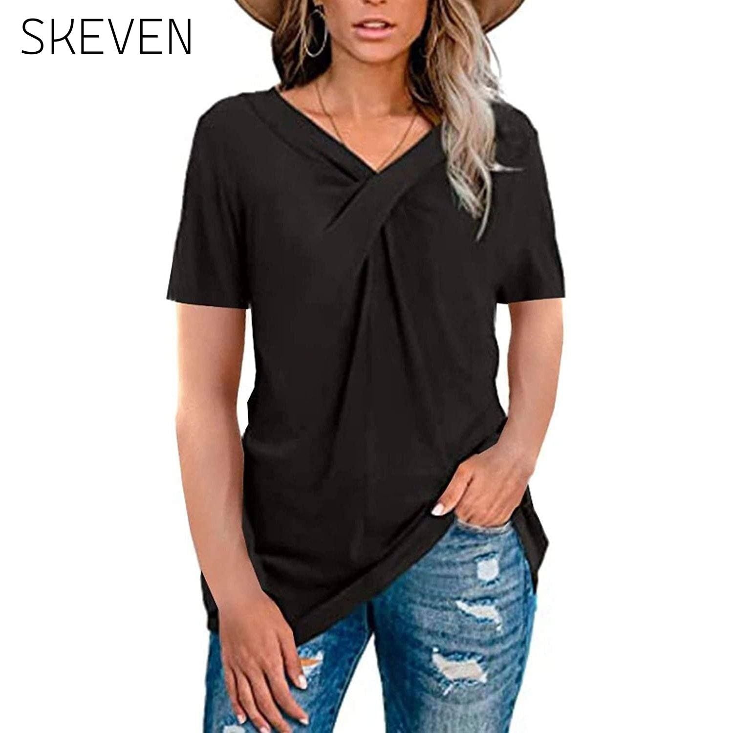 Women's Summer Shirts V Neck Short Sleeve Tops Cross Knot Black __stock:200 clothes refund_fee:800 tops