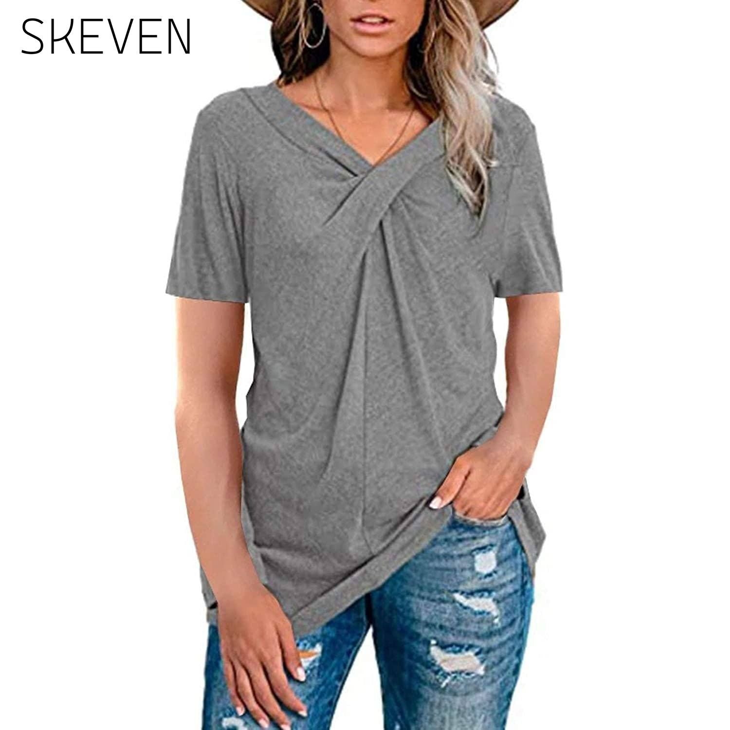 Women's Summer Shirts V Neck Short Sleeve Tops Cross Knot Gray __stock:200 clothes refund_fee:800 tops