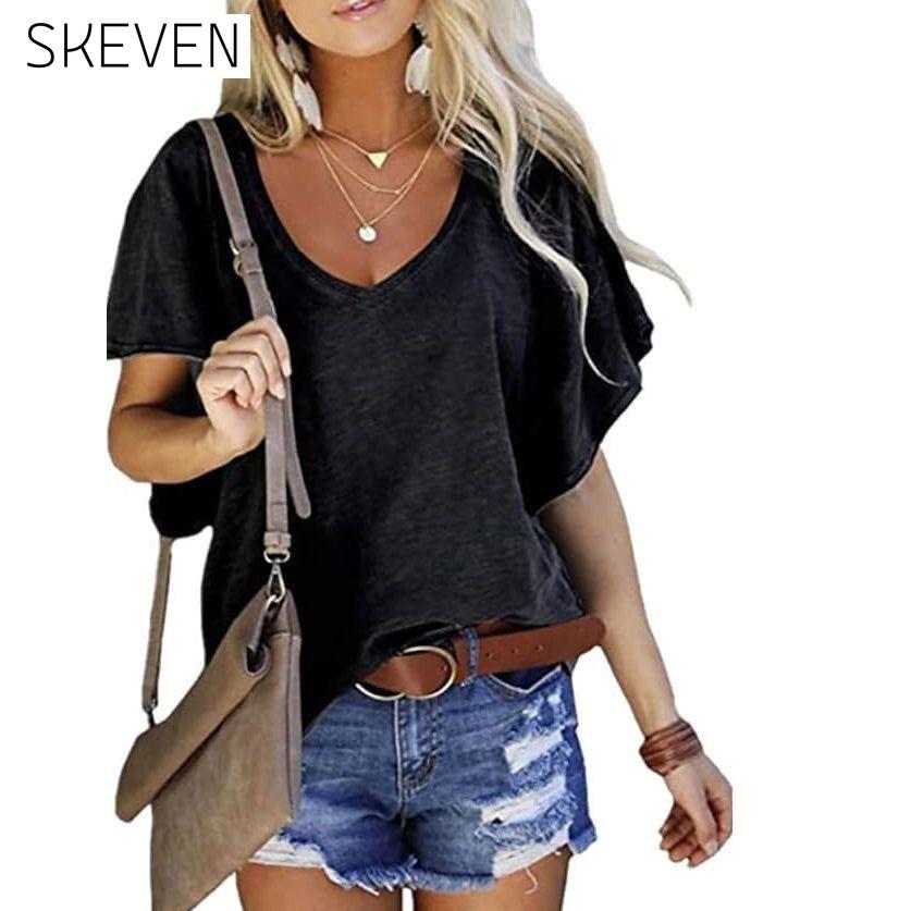 Women's T-Shirt Solid V-Neck Basic Casual Top Black __stock:200 clothes refund_fee:800 tops