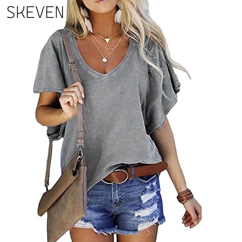 Women's T-Shirt Solid V-Neck Basic Casual Top Gray __stock:200 clothes refund_fee:800 tops