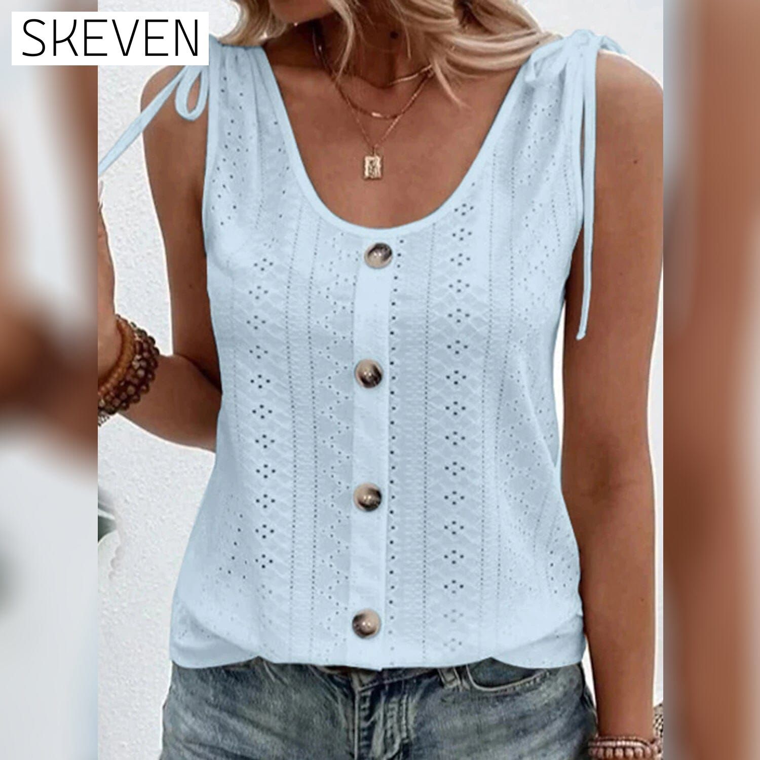 Women's Tank Top Plain Button U Neck Light Blue __stock:200 clothes refund_fee:1200 tops