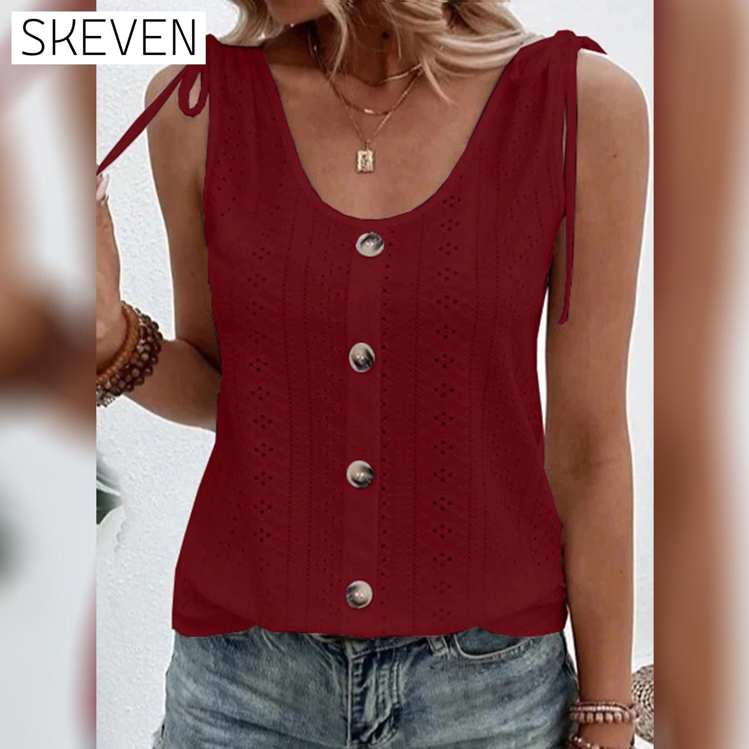 Women's Tank Top Plain Button U Neck Wine __stock:200 clothes refund_fee:1200 tops