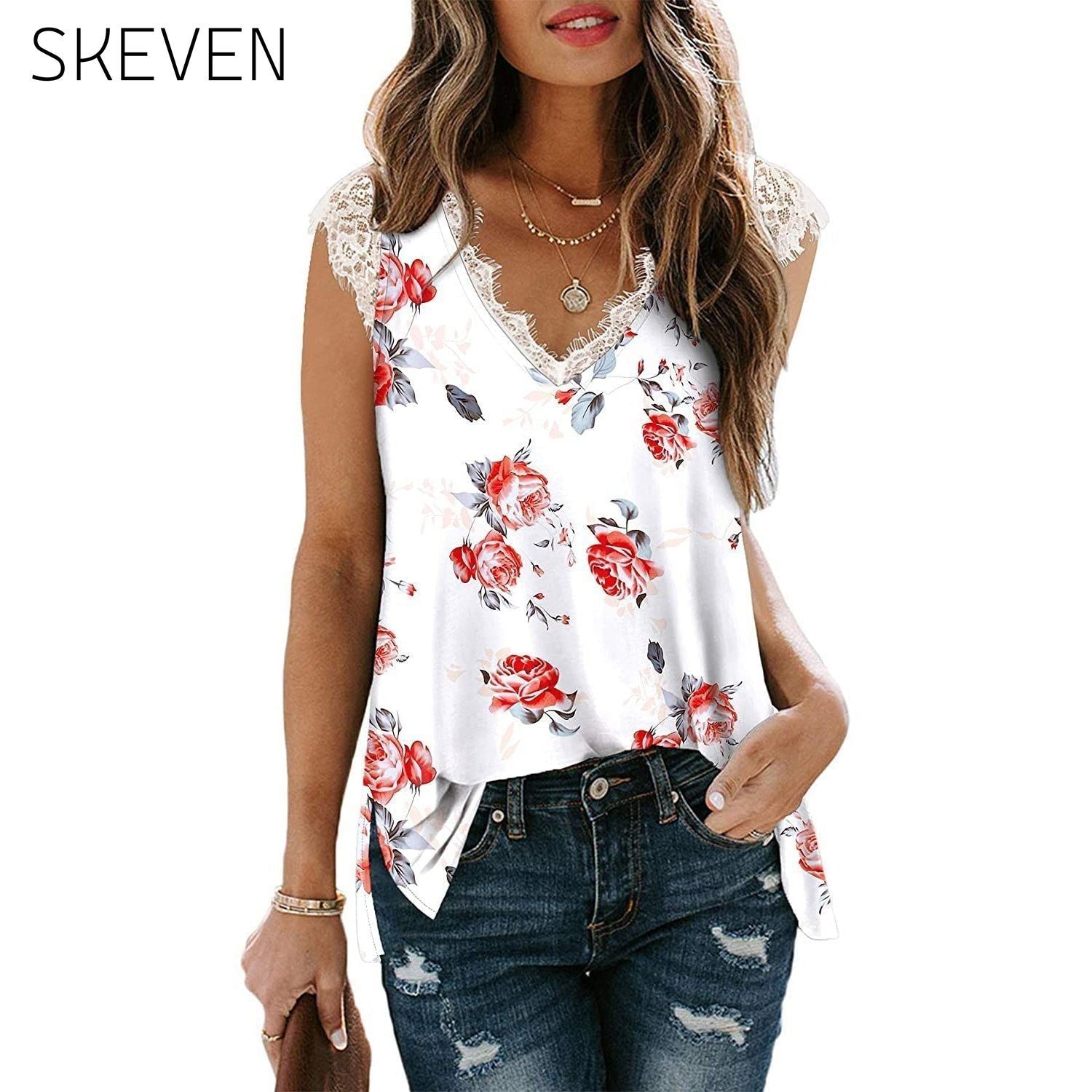 Women's V Neck Lace Tank Top - Assorted Styles White Rose __stock:200 clothes refund_fee:800 tops