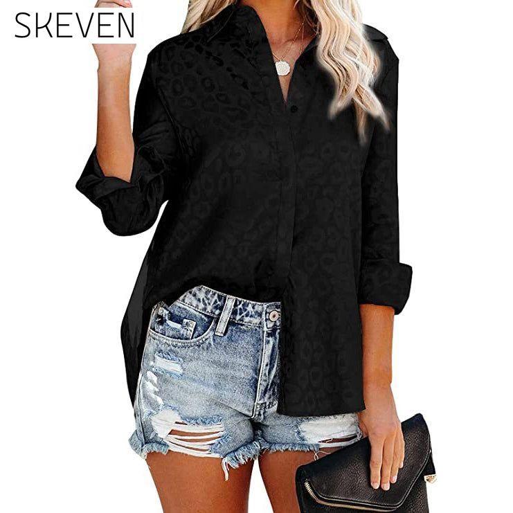 Women's V Neck Satin Embossed Roll Up Cuff Button Shirt Top Black __stock:200 clothes refund_fee:1200 tops