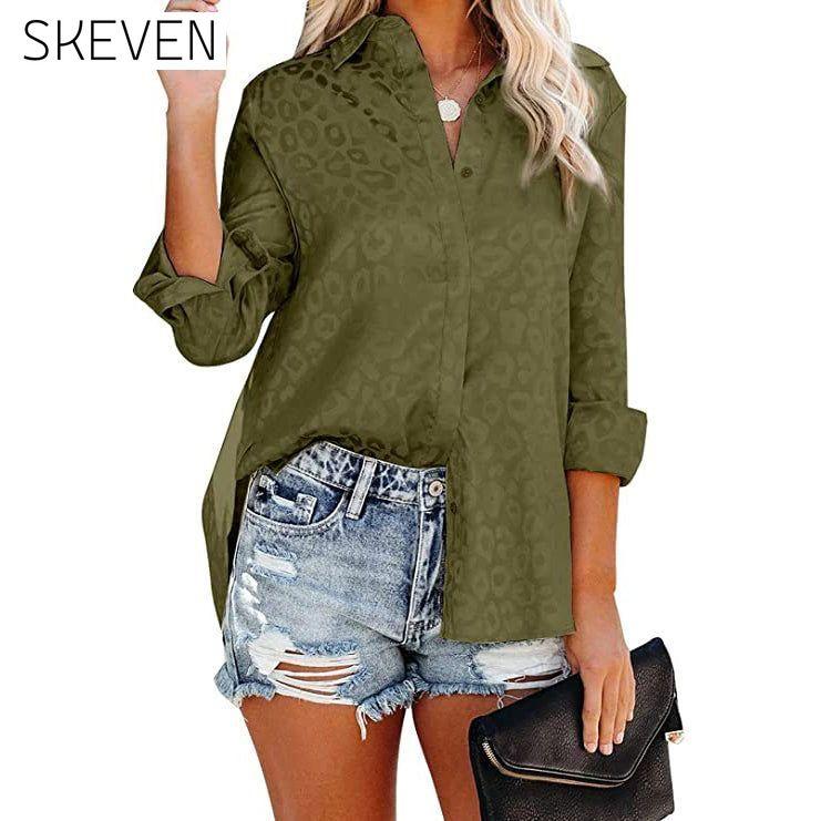 Women's V Neck Satin Embossed Roll Up Cuff Button Shirt Top Green __stock:200 clothes refund_fee:1200 tops