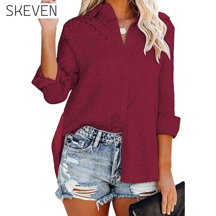 Women's V Neck Satin Embossed Roll Up Cuff Button Shirt Top Red __stock:200 clothes refund_fee:1200 tops