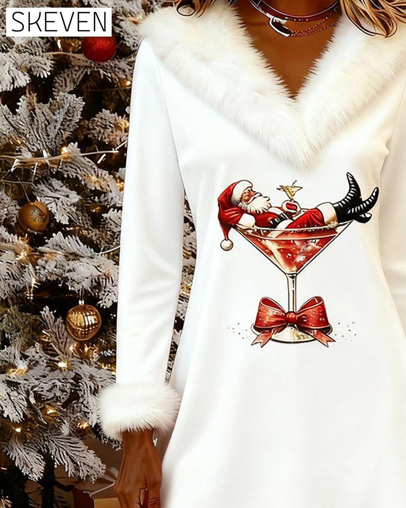 Robe imprimée de Noël à col en fourrure